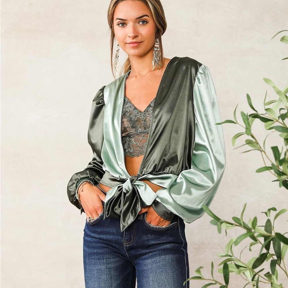 Satin Tie-Front Blouse in Green willow and root